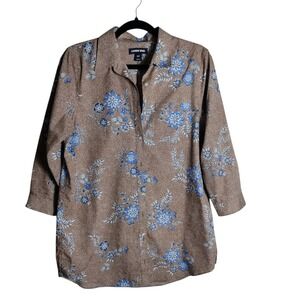 Lands' End Womens 10T Supima Cotton Floral Button Down Shirt 3/4 Sleeve Tan Blue